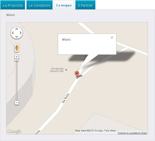 La scheda prodotto di Groupalia, seziona mappa che dovrebbe evidenziare la posizione del partner